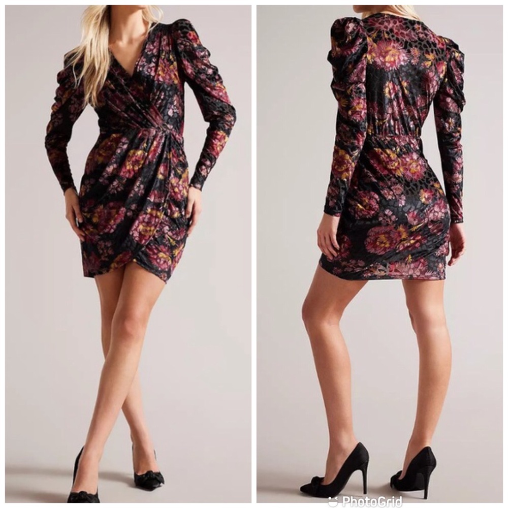 TED BAKER LONDON Burnout Velvet Faux Wrap Mini Dress Floral Leopard Size 10 12